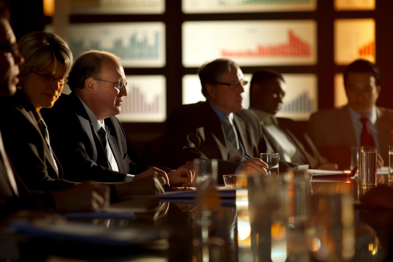 Board members in a meeting room discussing charts and strategies, representing HOA and developer collaboration for a smooth handover.