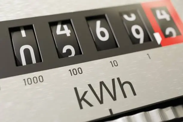 Close-up of a kWh electricity meter reading, symbolizing tracking and reducing energy use in community common areas.